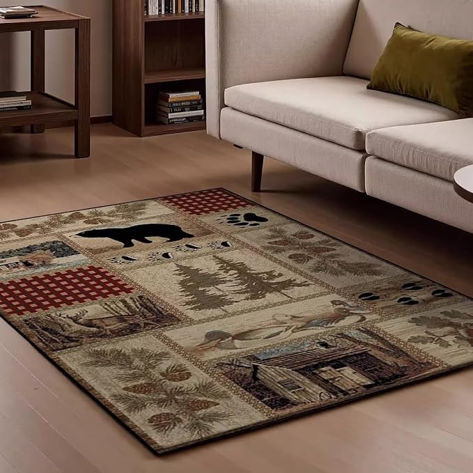 Cabin Moose Deer Rugs 3x5 Feet Rustic Bear Area Rug for Hallway Laundry Room Bathroom Non-Slip Lodge Bear Indoor Decorative Carpet