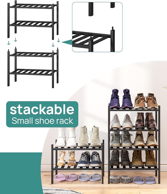 viewcare Black Small Shoe Rack for Entryway, 4-Tier Bamboo Shoe Organizer for Hallway Closet, Free Standing Shoe Racks for Indoor Outdoor