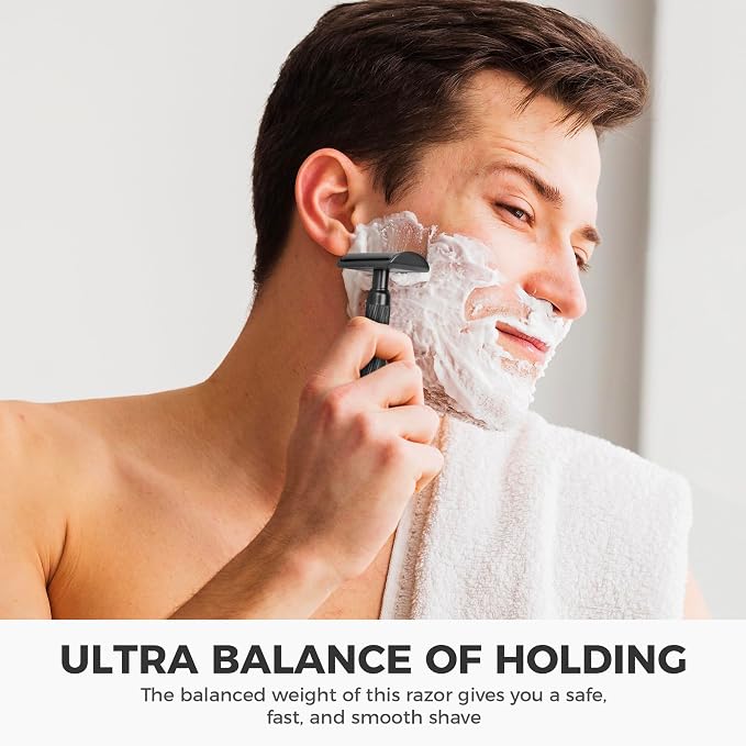 Double Edge Safety Razor with Stand, Version 2.0 Includes 10 Blades | Modern matte black finish with a sleek appearance that helps reduce visible fingerprints.