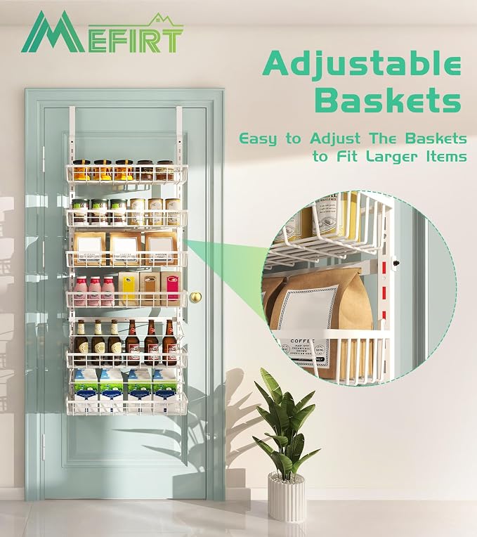 Mefirt Over The Door Pantry Organizer, Wall Mount Spice Rack, Pantry Hanging Storage and Organization, 6 Adjustable Baskets Heavy-Duty Metal for Home & Kitchen, Back of Door Seasoning Rack - White