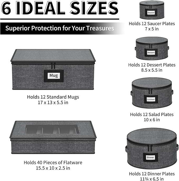 Aokeyee 6-Piece China Storage Containers Set, Hard Shell Moving Boxes for Dishes, Plates, Mugs & Flatware – Dinnerware Organizer with Soft Felt Dividers, Sturdy Handles & Zippers, Grey