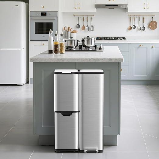 mVm 16 Gal 3 in 1 Kitchen Trash Can, Triple Compartment Garbage Can, Heavy Duty Anti Fingerprint Brushed Recycling Bin for Office Home