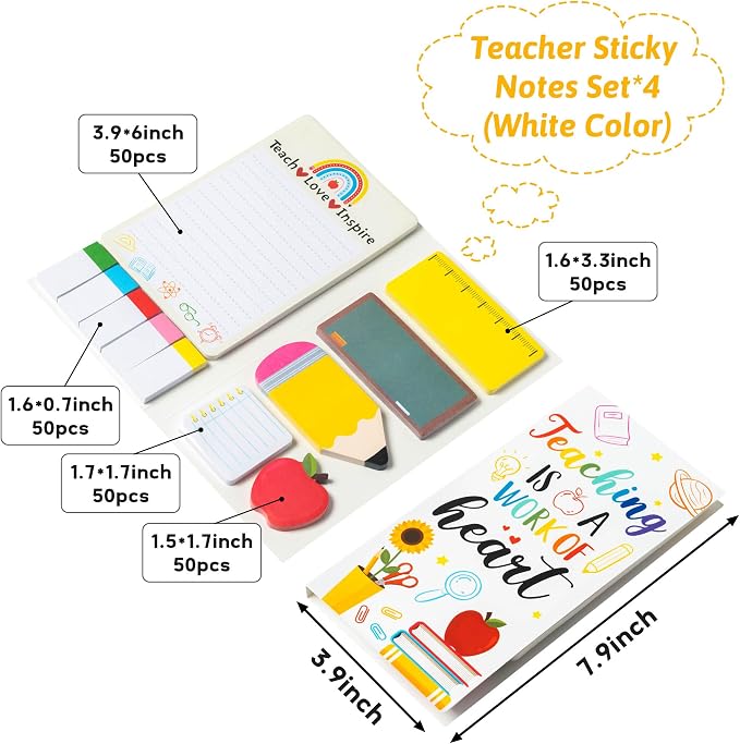 Xqumoi 4 Pack Teaching is A Work of Heart Sticky Notes Set - Ruler Blackboard Pencil Apple Shape Self-Stick Note Pads Teacher Appreciation Gift Writing Memo Pads Page Marker School Office Supplies