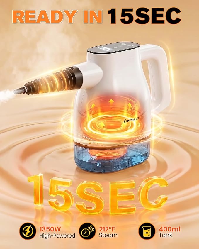 Sakerplus EverSteam Instant-Heat Steam Cleaner,15s Fast Heat-up | Dual steam modes and a 400 mL tank with floor mop attachment and 12 microfiber cloths for kitchens, bathrooms and cars