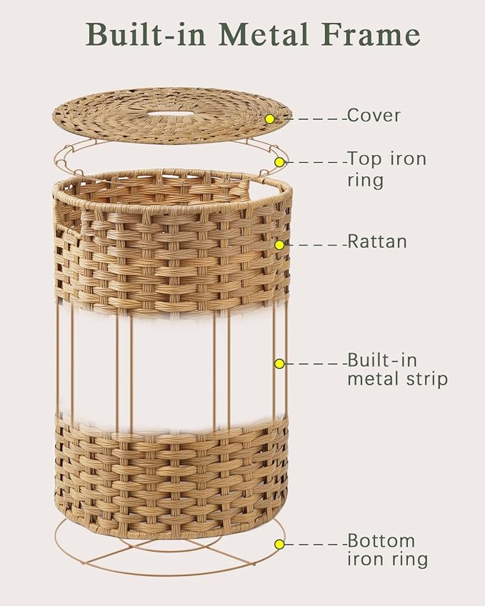 SETVSON Laundry Basket with Lid Round 29.1 Gal PE Rattan, Natural | Family Clothes & Blanket Trunk with Lid, Removable Liner Bag with Handles, 2 Mesh Wash Bags, Collapsible Steel Frame