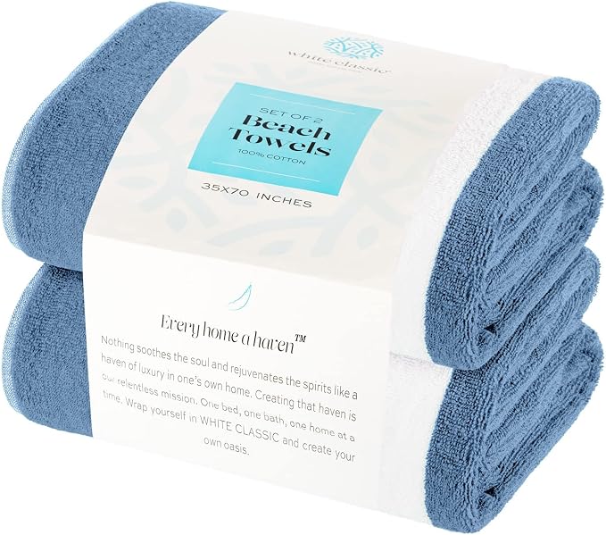 White Classic Beach Towels Oversized Cabana Stripe Cotton Bath Towel Large - Luxury Plush Thick Hotel Swim Pool Towels for Adults Super Absorbent Quick Dry - 35x70 Light Blue [2 Pack]