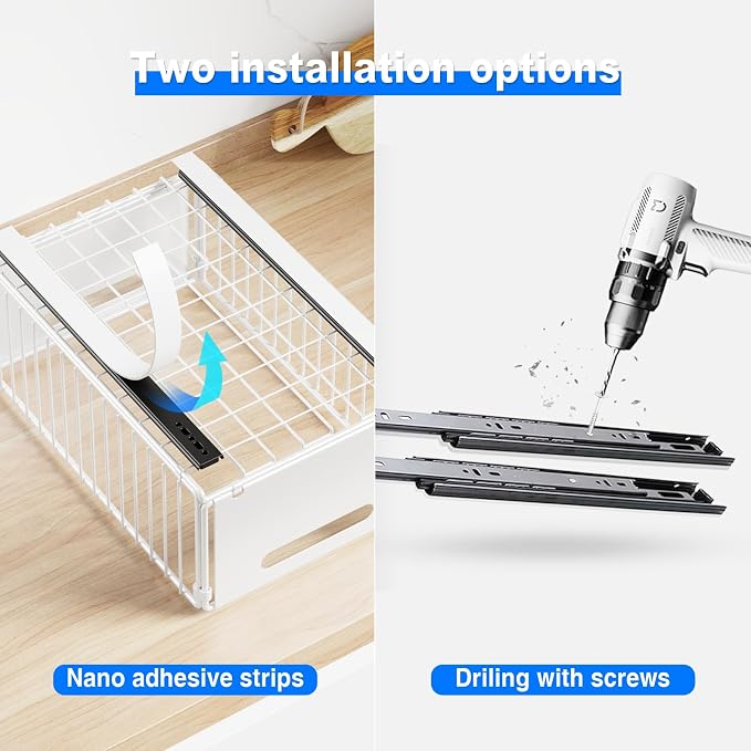 Mustorn 2 Pack Pull Out Cabinet Organizer, Slide Out Drawers for Cabinets, Peel and Stick, Heavy Duty Shelves for Kitchen, Cupboard, Pantry, Bathroom (14.76" D*9.65" W*7.87" H-White)