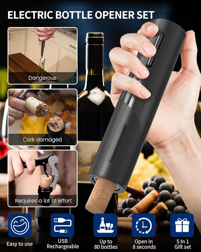 CIRCLE JOY Electric Wine Bottle Opener Set Rechargeable Wine Corkscrew Cordless Wine Opener Gift Set with Charging Base, Foil Cutter, Wine Aerator Pourer and Vacuum Wine Stopper, Black