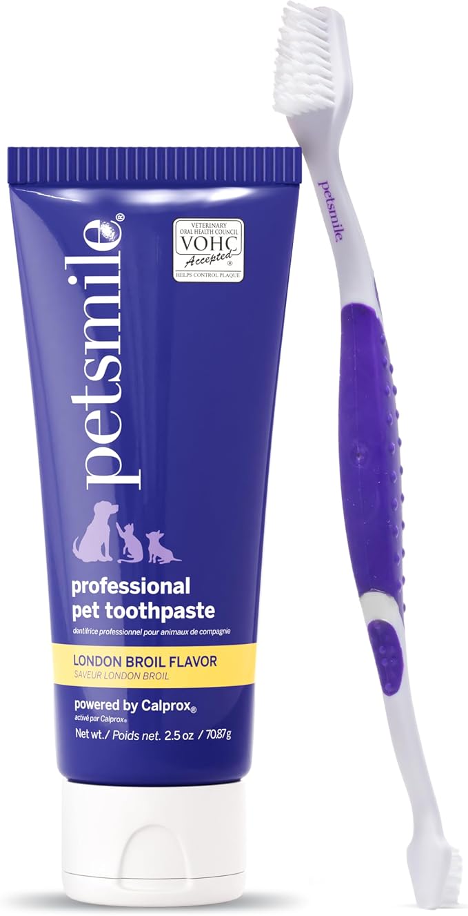 Petsmile Pet Teeth Brushing Kit, Toothpaste + Brush, London Broil 2.5 Oz | Toothpaste + 45° Patented Toothbrush, VOHC Accepted, Calprox® Powered, 4-Month Supply, Human-Grade, Clinically Proven