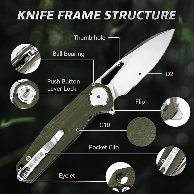 Pocket Folding Knife,3.15" D2 Steel Blade,Green G10 Handle,Push Button Lever Lock,Pocket Knife with Pocket Clip for Outdoor,Survival,EDC