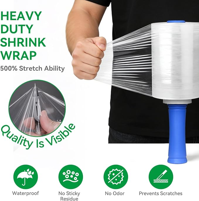 Plastic Shrink Wrap Roll for Moving, 5" x 1200' -12 Rolls | 80 Gauge, 500% Stretch, Heavy Duty, With Handles, Saran Wrap For Moving, Shipping, Packing, Pallet & Furniture Protection