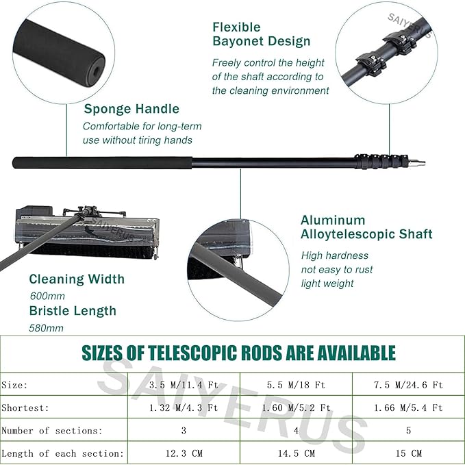 Solar Panel Cleaning Kit, Automatic Rotary Cleaning Brush, Solar Panel / Roof Water Brush, Window Cleaner, Special Roof Water Brush with Adjustable Extension Rod with two Power Converter,7.5M/25Ft