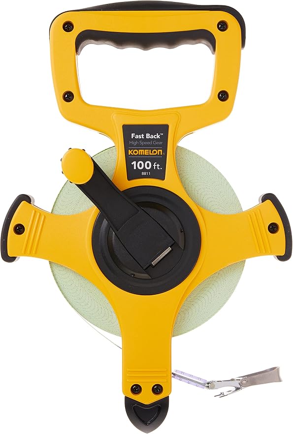 Komelon 8811 Fast Back Open Reel Long Tape Measure with Double Nylon Coated Fiberglass Blade 100-Feet by 1/2-Inch, Yellow,White
