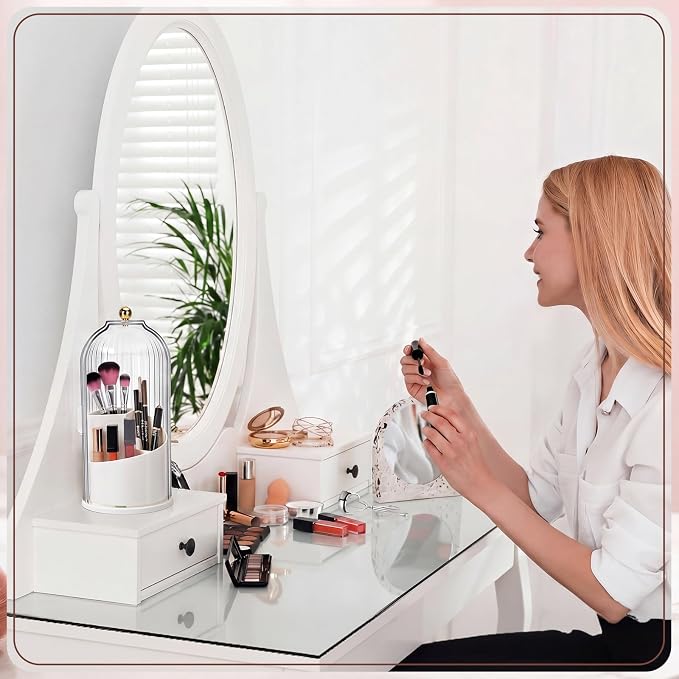 Novabright 4 Pack Makeup Brush Holder with Lid 360° Rotating Makeup Brush Organizer with 3 Compartments Dustproof Cosmetic Storage for Vanity Bathroom Countertop (Transparent)