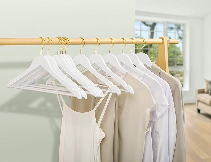 Amber Home 30 Pack White Wooden Coat Hangers with Gold Hook, White Wood Suit Hangers with Non-Slip Pant Bar, Clothes Hangers for Closet Organization, Shirts, Jackets, Dresses and Pants (White+Gold,30)