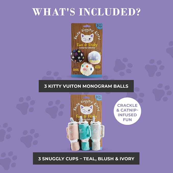 Haute Diggity Kitty Vuiton Monogram Balls + Snuggly Cups Set, Plush Cat Toys Catnip Filled with Interactive Crackle Sound, Safe & Durable Toys for Cat & Kitten, 6 Pcs