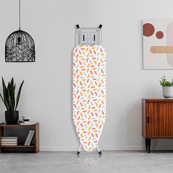 BKTD Ironing Board, Heat Resistant Cover Iron Board with Steam Rest, Non-Slip Foldable Ironing Stand. Heavy Sturdy Metal Frame Legs Iron Stand(13 * 34 * 53 Inches) (Geometric White)