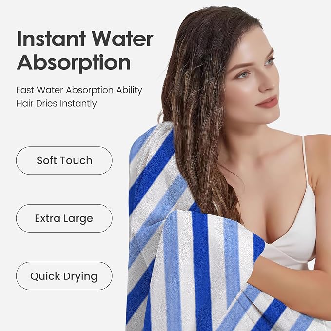 JML Bath Towels Set, 2 Pack, 30" x 60", Cabana Stripe Blue | Hanging Loop, Lint Free, Oversized, Soft, Super Absorbent,Fast Drying, Perfect for Shower, Sauna, Gym, Sports, Fitness, Yoga