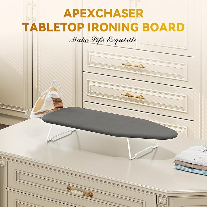 Small Ironing Board Tabletop with Heat Resistant Cover, Compact Mini Ironing Board (with Iron Rest) & Metal Frame, for Dorm, Apartment, Hook for Hanging, Iron Board 12x30, Iron Table Stand Pure Gray