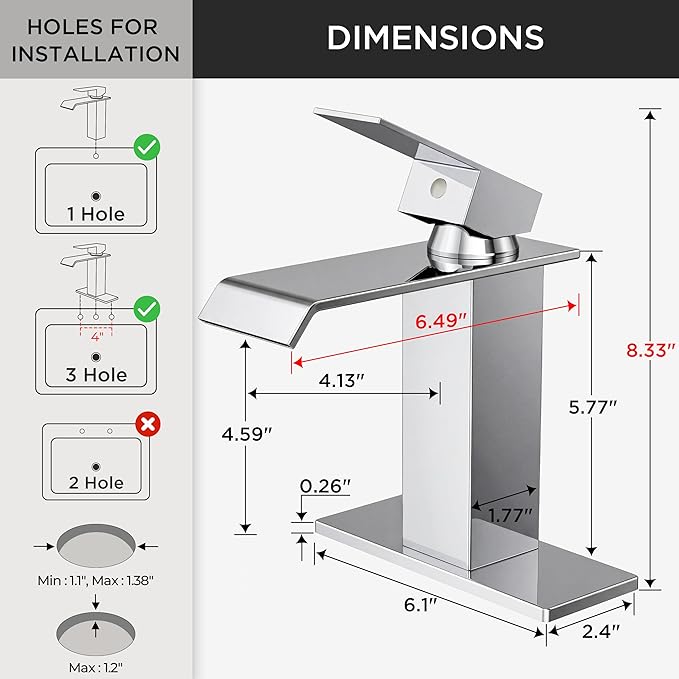 FORIOUS Bathroom Sink Faucets Chrome, Modern Waterfall Vanity Faucet 1 or 3 Hole Single Handle with Deck Plate and Drain, Suitable for Vanity Rv Camper Commerical
