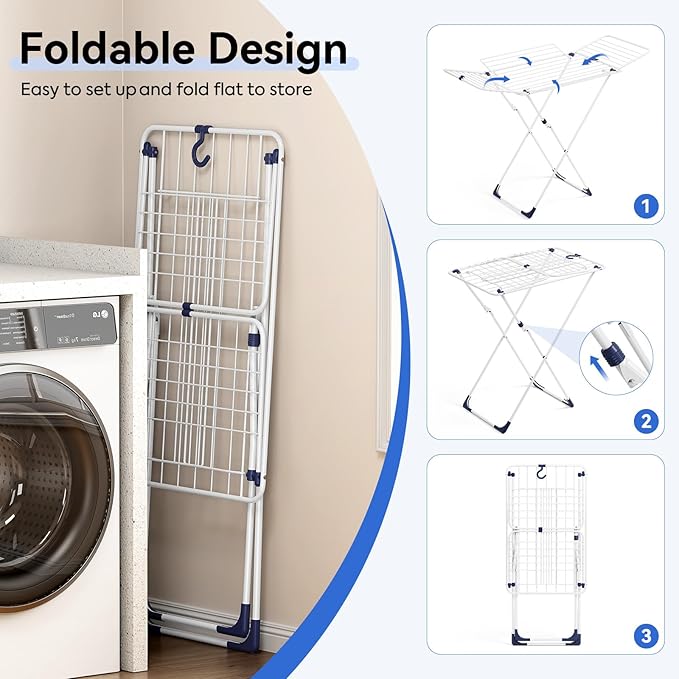 APEXCHASER Clothes Drying Rack, Metal Drying Rack Clothing, Laundry Rack Foldable, Space-Saving, Free-Standing Airer with 4 Gullwings, Indoor Outdoor Use, 55.12"*37.8"*17.52", White