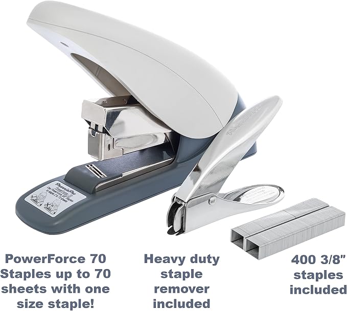 PowerForce 70 Heavy Duty Flat Clinch Office Stapler, 2 to 70 Sheets Using one Size 3/8" Leg-Length Staple, Includes 400 Staples and a Staple Remover