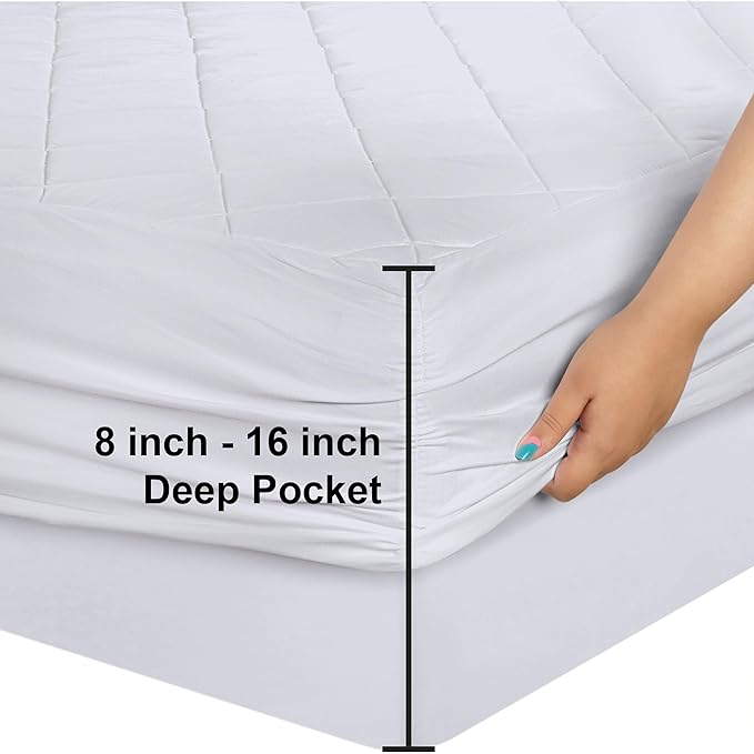 Quilted Fitted Mattress Pad, Queen Mattress Protector Topper with Deep Pocket Stretches up to 16 Inches, Machine Washable Mattress Cover by Utopia Bedding (White)