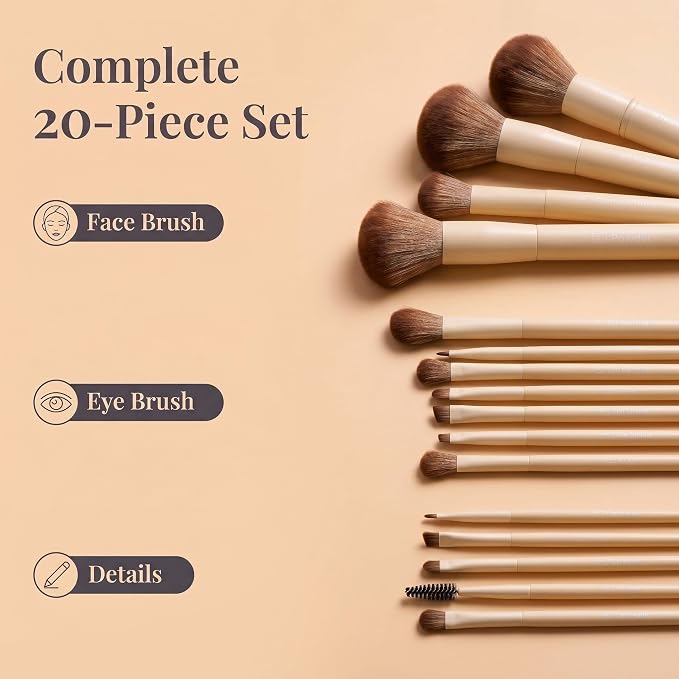 Professional Makeup Brushes BS-MALL With Travel Case - Kabuki Brush Eyeshadow Brush, Concealer Brush, Blush Brush Bronzer & Foundation 20 Pcs, Labeled Daily Use Gift Box Aluminum Ferrules (Beige)