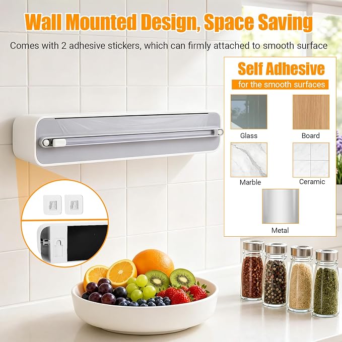 Magnetic Plastic Wrap and Foil Dispenser with Cutter, Fits for Max 12.8In x 328Ft Cling Film, Adhesive Wall Mounted Aluminum Foil and Wrap Organizer Holder for Kitchen