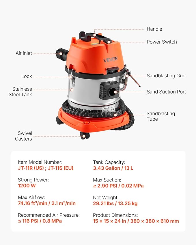 VEVOR Walnut Blaster Kit for Carbon Cleaning, 1200W Sand Blaster with Built-in Vacuum, Extension Nozzle Sandblaster Gun, and 5.5lbs Walnut Shell for Engine Intake Valve Cleaning - 13L | Large Capacity & High-Efficiency Cleaning