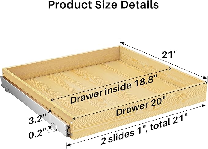 Pull Out Cabinet Organizer, Soft Close Wooden Slide Out Drawers for Pots and Pans, Full-extension Roll Out Shelves for Kitchen Cabinets, Pantry Organization, Bottom & Side Mount(21"W X 21"D x 3.4''H)