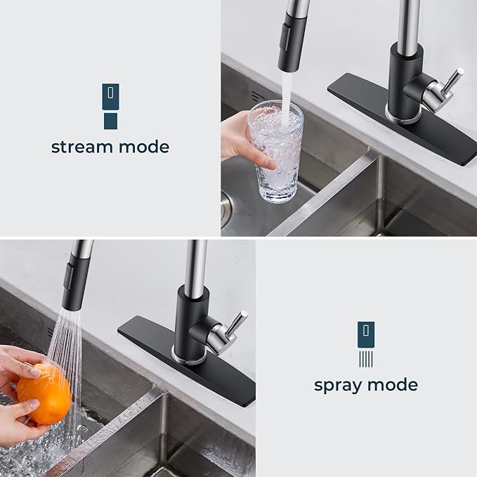 FORIOUS Kitchen Faucet with Pull Down Sprayer, High Arc Modern Classic Sink Faucet Stainless Steel with Deck Plate Fit for 1 or 3 Hole for Pot Filler Bar Farmhouse Laundry Rv, Black Chrome
