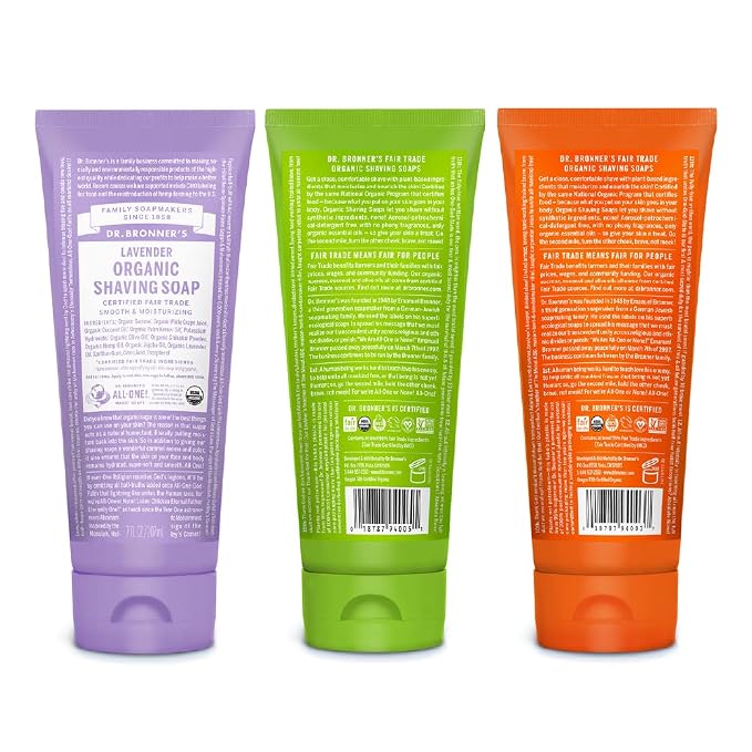 Dr. Bronner's Organic Shaving Soap– 3 Pack Variety, 7oz (Lavender, Tea Tree, Lemongrass)– Moisturizing Shave Soap for Men & Women– Certified Organic Sugar & Shikakai– For Face, Underarms & Legs