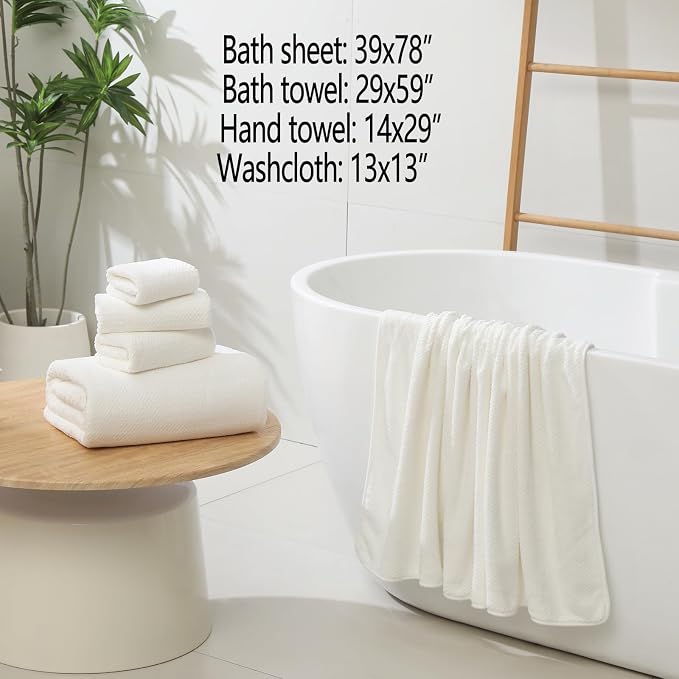 YTYC 39x78 Bath Sheets Set,Towels for Bathroom,White,6-Pieces | 2 Extra Large Bath Towels, 2 Hand Towels, 2 Washcloths, Super Soft,Highly absorbent,Hanging Loop,80% Polyester