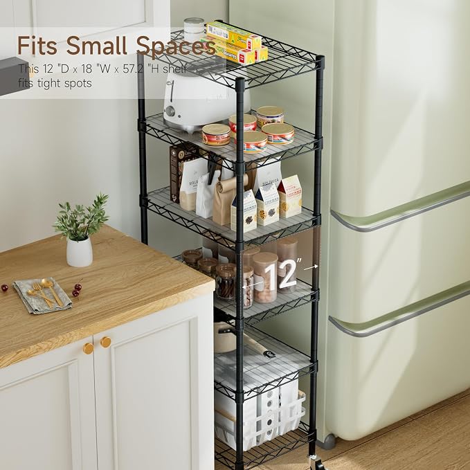 Golpart Small 6 Tier Shelves Storage Wire Shelving Unit Metal Shelf Adjustable Organizers Storage Shelving with Wheels for Bathroom Laundry Room Kitchen Pantry11.7”D x 17.7”W”W x 61.6”H Black