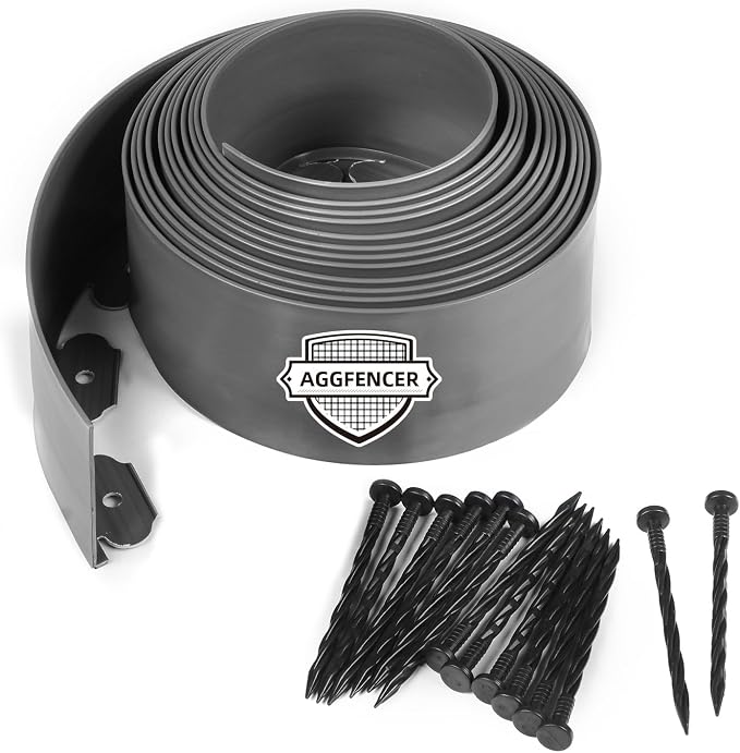 AggFencer Landscape Edging 4in Garden Edging Borders No Dig 33ft | Flexible Landscaping Edging Kit for Flower Bed Lawn Yard Grass Gray with 61 Pcs Spikes