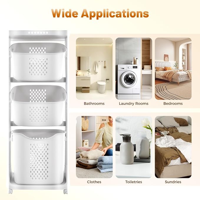 3 Tier Rolling Laundry Hamper Large Capacity Clothes Storage Basket Sorter Cart,White Organizer Shelf with Handle,Household Utility Basket for Bathroom Bedroom Kitchen Laundry Room