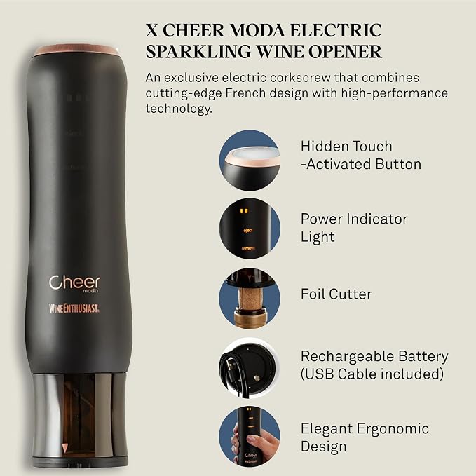 Wine Enthusiast x Cheer Moda Automatic Wine Opener – Electric Corkscrew with Hidden Touch Button, USB Charger & Foil Cutter – Rechargeable Sleek Wine Bottle Opener Gift Set – Modern French Design