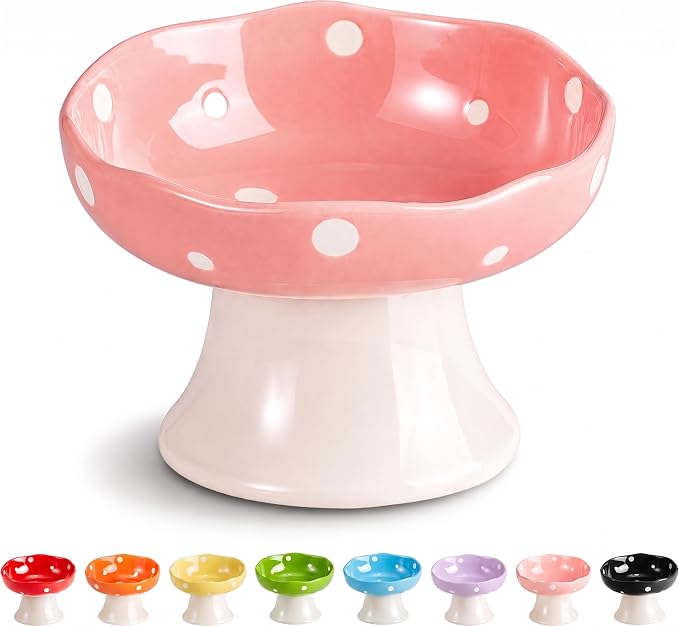 Pink Mushroom Cat Bowl, Elevated Ceramic Feeding Bowl | Elevated, Ceramic, Tilted Design, Whisker-Friendly, Dishwasher Safe, cute