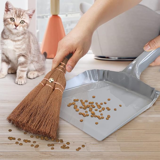 Metal Dust Pan and Brush Set Wooden Hand Broom, Handheld Dustpan for Fireplace, Garage, Workshop, 9" Wide