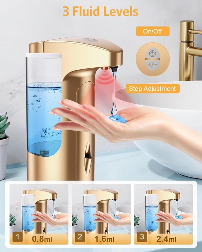 Touchless Automatic Soap Dispenser for Kitchen Bathroom Sink, Gold | Automatic & Touchless Operation, Battery Operated, 3 Adjustable Dispensing Levels, Waterproof, Wide Liquid Compatibility