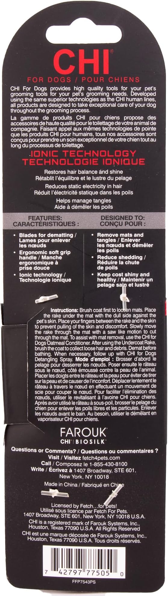 CHI for Dogs Dematting and Deshedding Undercoat Rake Dog Grooming Tool Long Hair and Double Coats Rounded Blade Teeth Remove Mats and Loose Undercoat Detangling Rake Shedding Control Ergo Handle