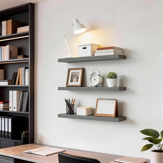 BAYKA Grey Floating Shelves for Wall, Set of 3, 22.5 inch Wall Mounted Shelf for Bedroom, Living Room, Kitchen – Wood with Hidden Metal Brackets, 22LBS Capacity – Storage for Books, Plants, Decor