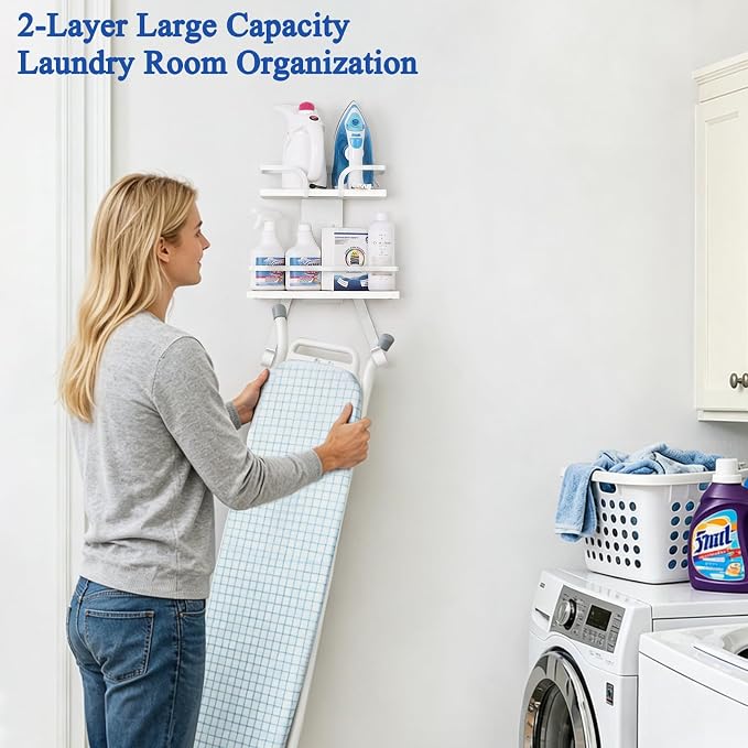 VINAEMO Ironing Board Hanger Wall Mount, 2-Layer Iron and Ironing Board Holder, Laundry Room Shelves Solid Wood with Removable Hooks Home Organization and Storage (White)
