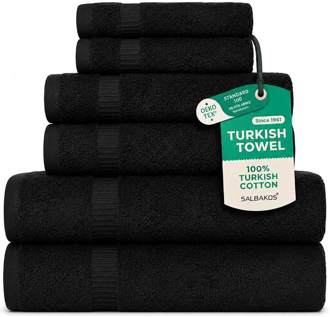 SALBAKOS 100% Turkish Cotton Bathroom Towel Set of 6-Piece, Black | 630 Gsm Thick Super Soft Highly Absorbent 2 Bath + 2 Hand + 2 Washcloth Towels Sets, Giftable, Hotel Quality, Made in Turkey
