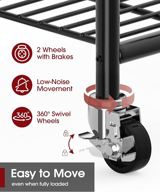 Sakugi Clothes Rack - 45.2" x 12.2" x 79.5" Clothing Rack with Shelves & Wheels, Multi-Functional Wardrobe Closet with Hooks, Sturdy Metal Garment Rack for Bedroom, Laundry, Balcony (Black)