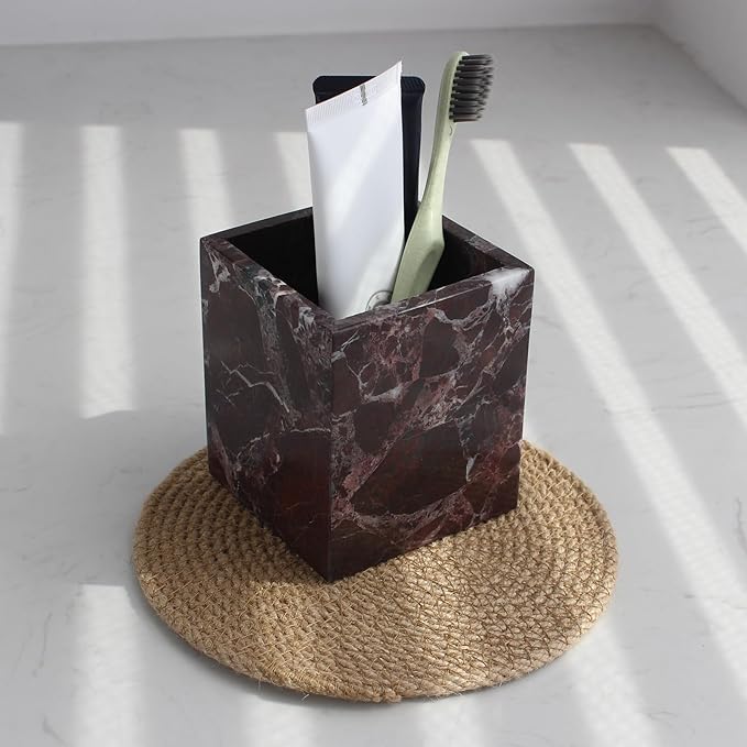 Rosso Levanto Marble Toothbrush Holders for Bathroom, Natural Marble Canisters, Makeup Brush Holder Countertop Organizer