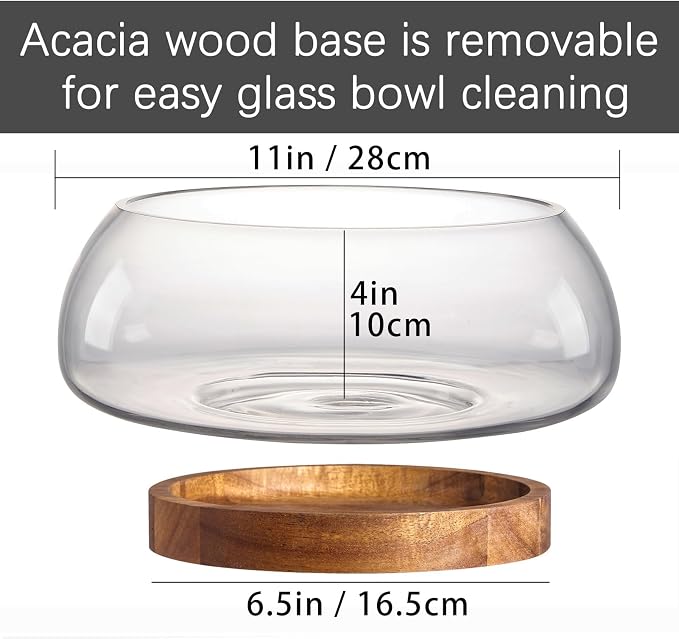 Large Glass Salad Bowl Set - 4.5 Quart Mixing Bowl With Acacia Wood Base And Serving Utensils, 5/32 Inch Extra Thick Wall, Decorative Fruit Bowl - Kitchen Must-Have