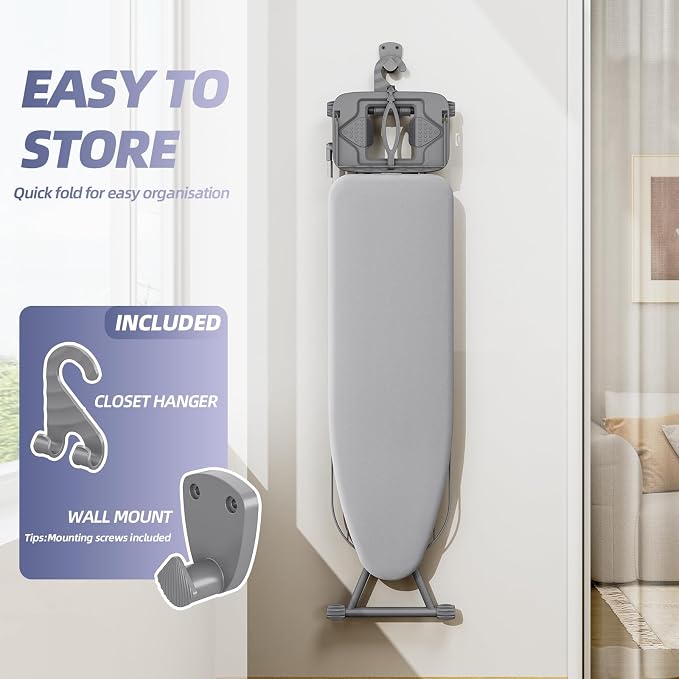 KINGBOARD Ironing Board, Compact Iron Board Full Size with Extra Thick Cover, 7 Adjustable Heights Stand with Hanger and Iron Rest, Large Heavy Duty Ironing Board with Storage Tray, 13x43 Grey