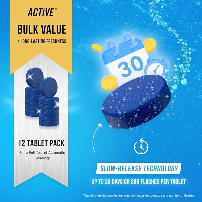 ACTIVE Automatic Toilet Bowl Cleaner and Washing Machine Cleaner - Includes 12ct Toilet Bowl Cleaning Tablets and 24ct Washer Cleaning Tablets